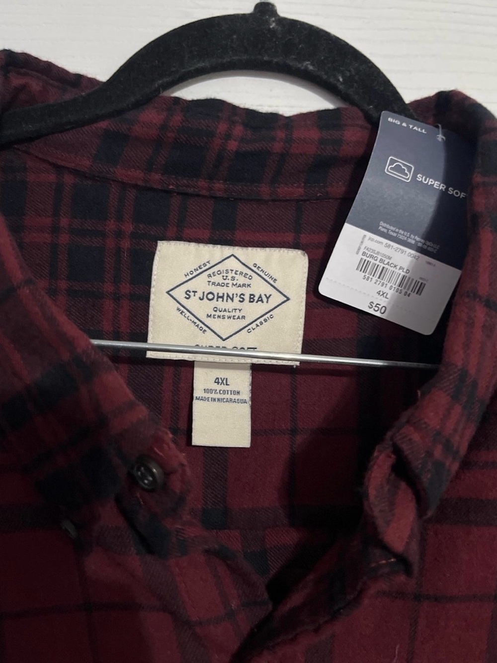 St. John's Bay Men’s Burgundy and Black Plaid Button-Down Shirt